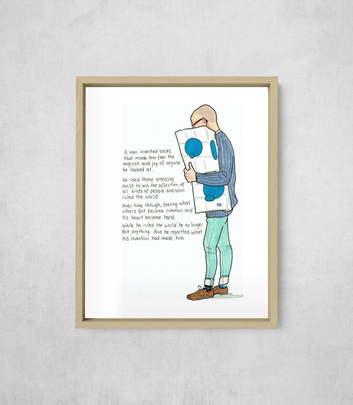 The Man Who Invented Socks, framed, front on