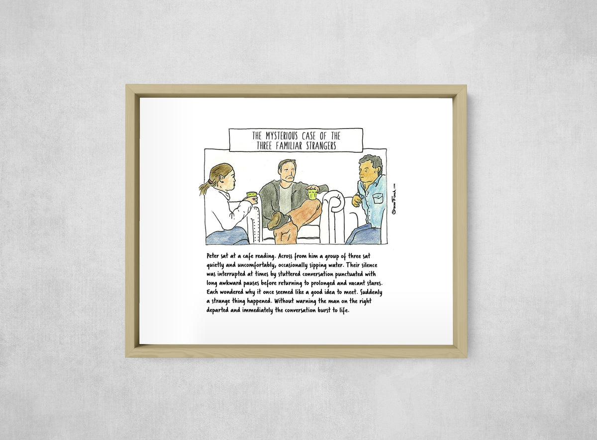 The Mysterious Case of the Three Familiar Strangers, framed, front on