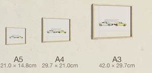 The Rusty Old Car, all three sizes, true relative scale