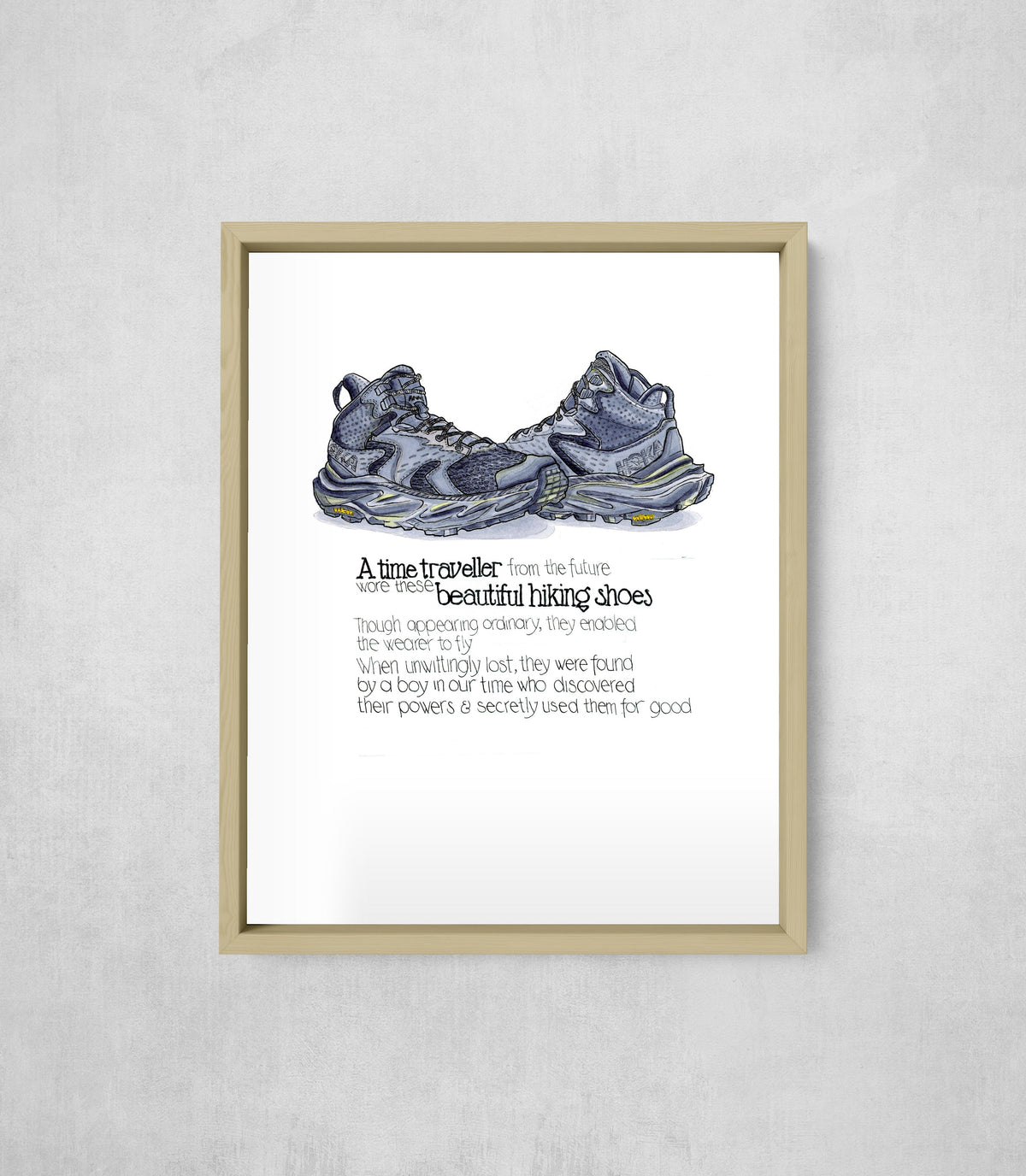 The Time Traveller's Hiking Shoes, framed, front on
