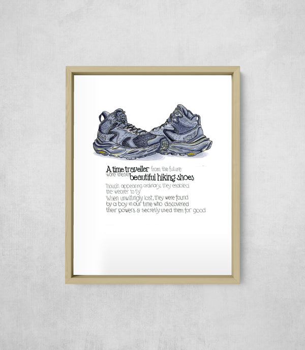The Time Traveller's Hiking Shoes, framed, front on