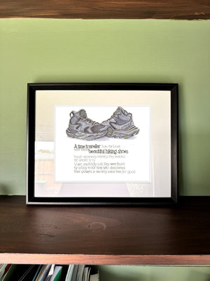 The Time Traveller's Hiking Shoes in a real frame, on the wall