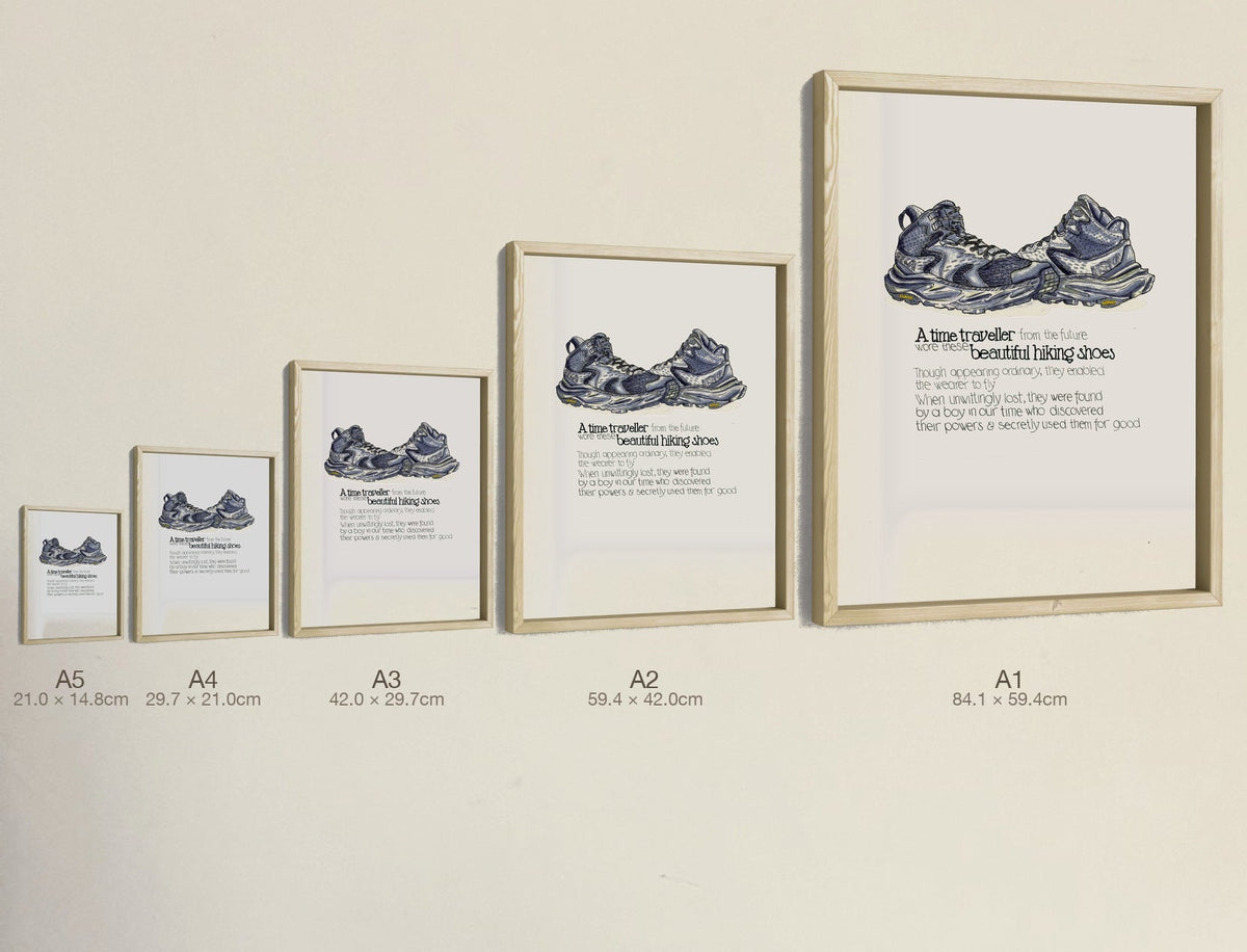 The Time Traveller's Hiking Shoes, all five sizes, true relative scale