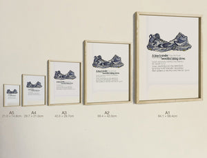 The Time Traveller's Hiking Shoes, all five sizes, true relative scale