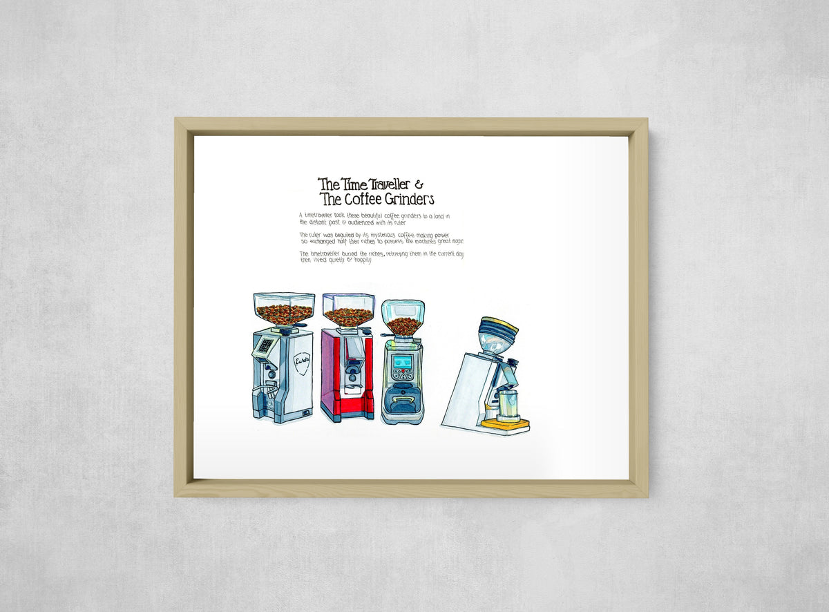 The Time Traveller & The Coffee Grinders, framed, front on