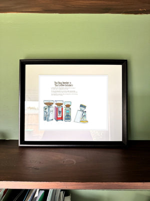 The Time Traveller & The Coffee Grinders in a real frame, on the wall