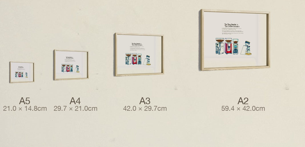 The Time Traveller & The Coffee Grinders, all four sizes, true relative scale
