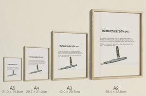 The Time Traveller & The Sailor Pen, all four sizes, true relative scale