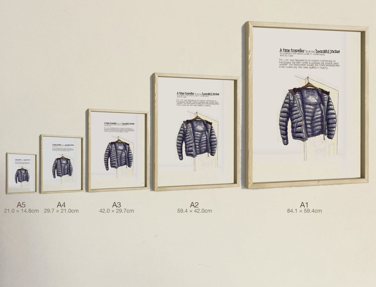 The Time Traveller & The Shackleton Jacket, all five sizes, true relative scale