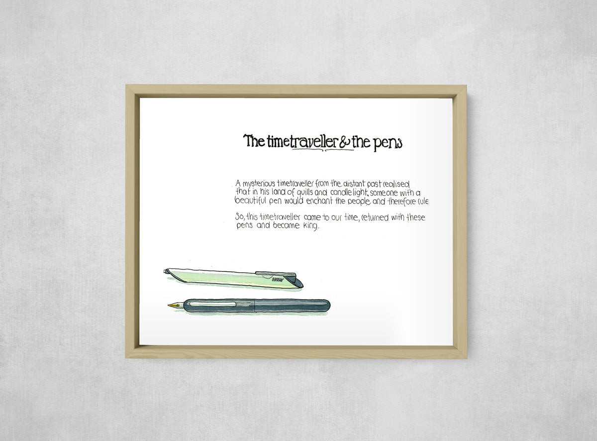 The Timetraveller & The Pens, framed, front on