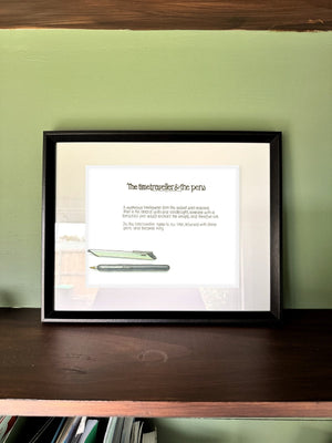 The Timetraveller & The Pens in a real frame, on the wall