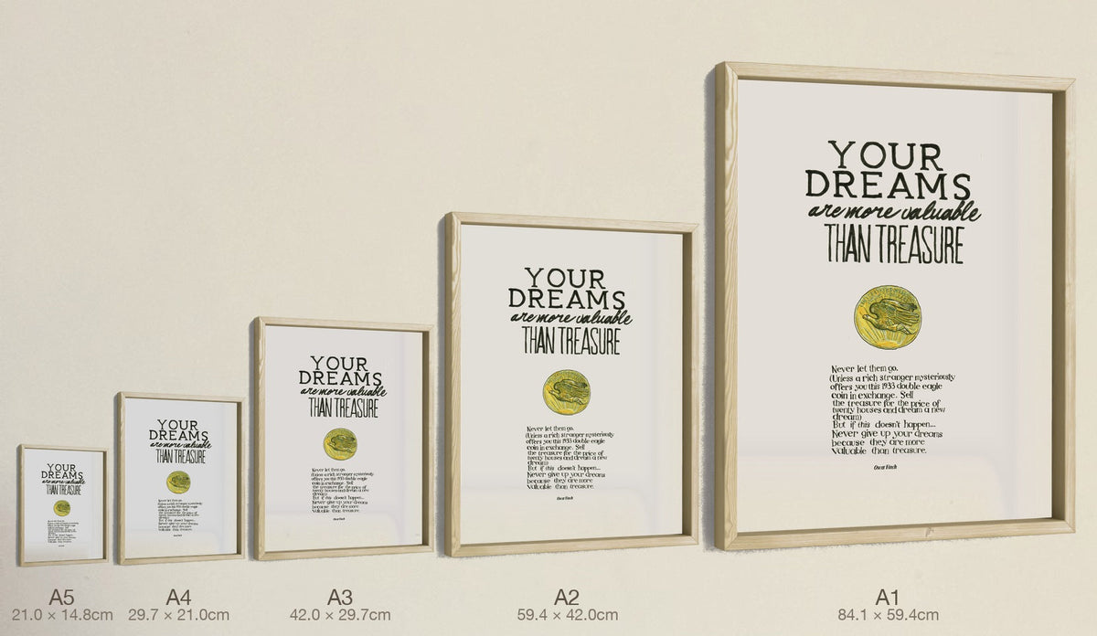 Your Dreams Are More Valuable Than Treasure, all five sizes, true relative scale — White Background
